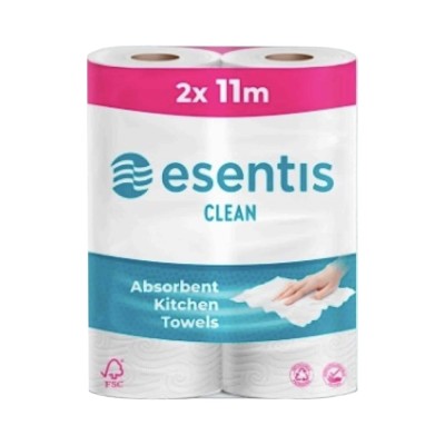 Háztartási papírtörlő kéztörlő 2 rétegű 100% cellulóz 2 tekercs/csomag Esentis clean fehér