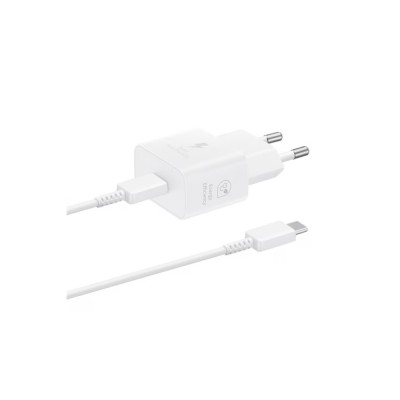 Töltő hálózati SAMSUNG Type-C aljzat (25W, GaN, PD gyorstöltő + Type-C kábel) fehér